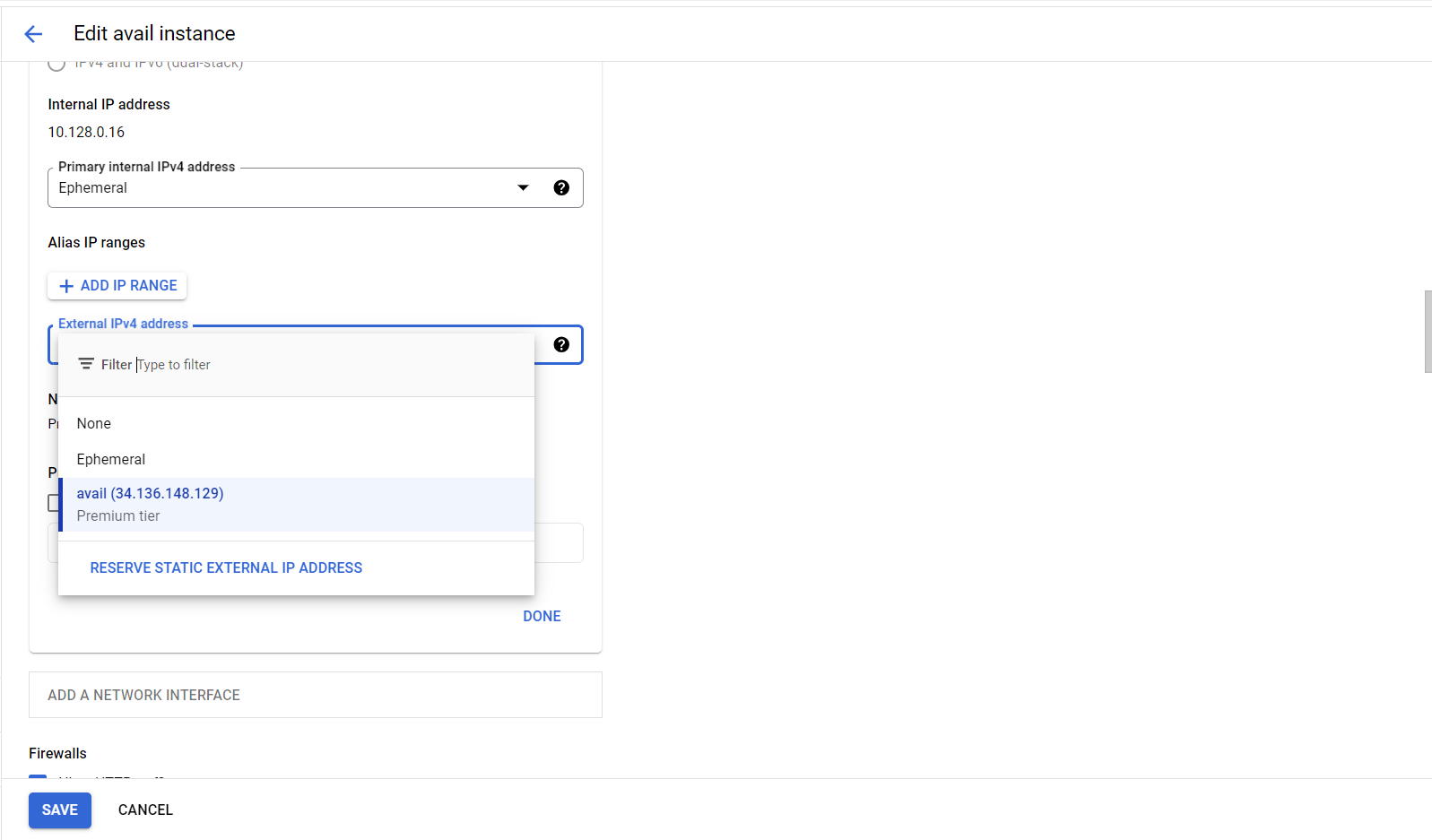 Select Reserve Static External IP Address