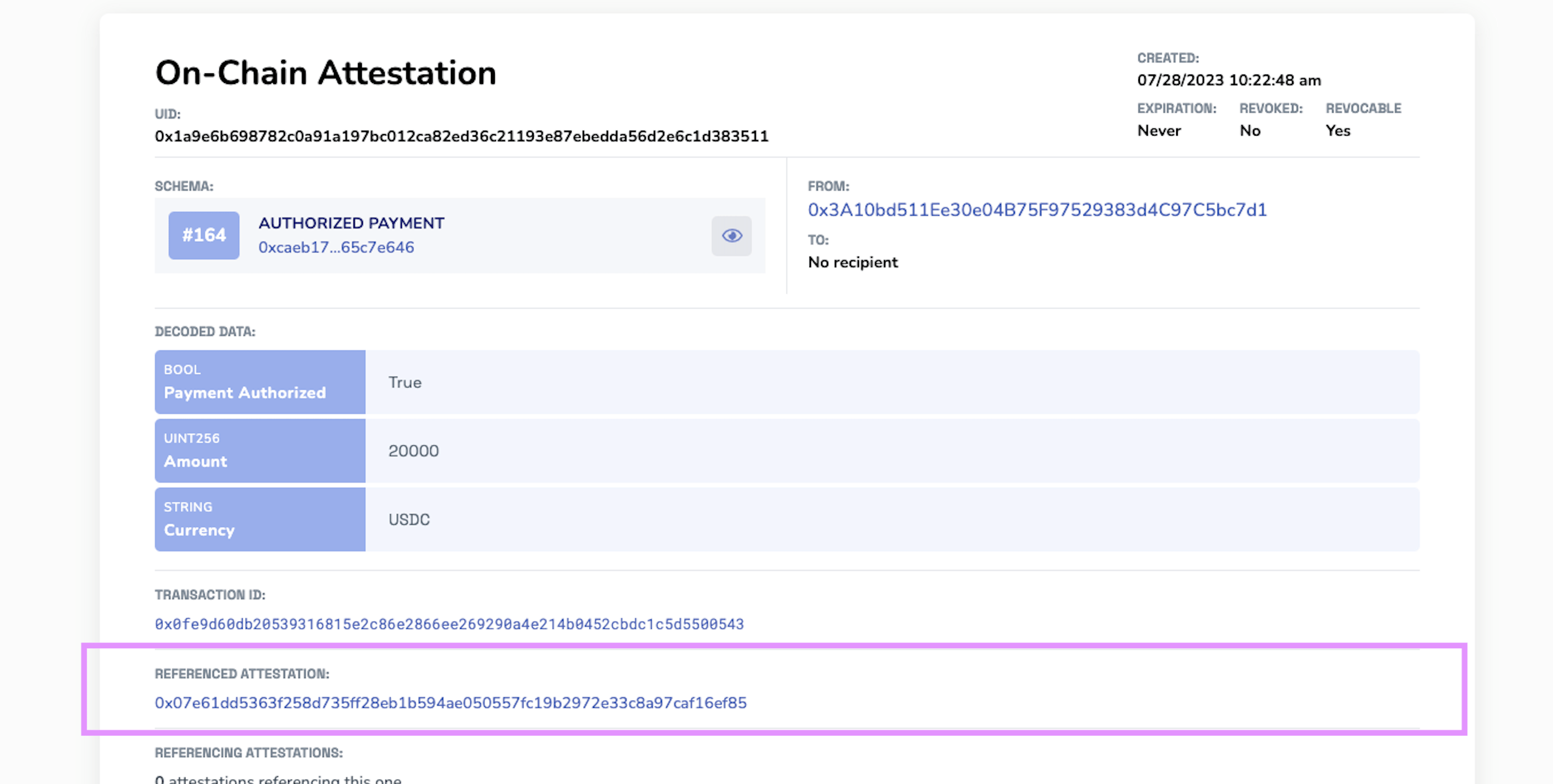 Example authorized payment attestation that references the original UID of the original funding request.