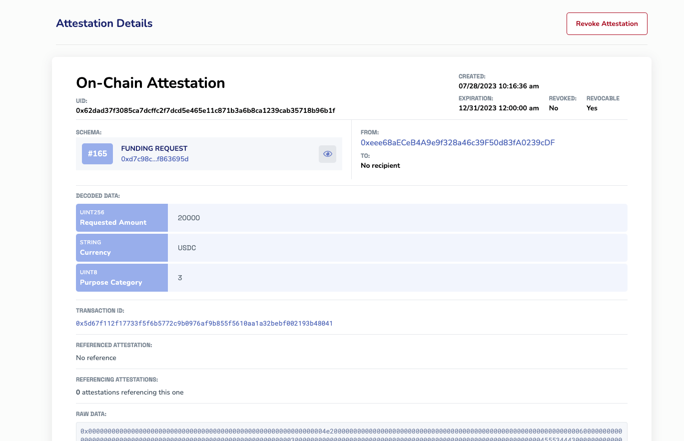 Example "Funding Request" attestation on Sepolia.
