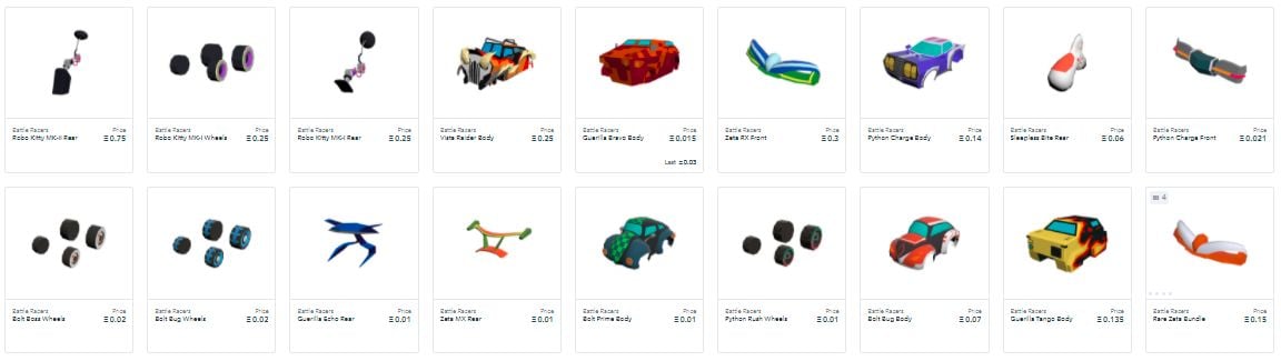 Battle Racers car parts on sale in the OpenSea marketplace