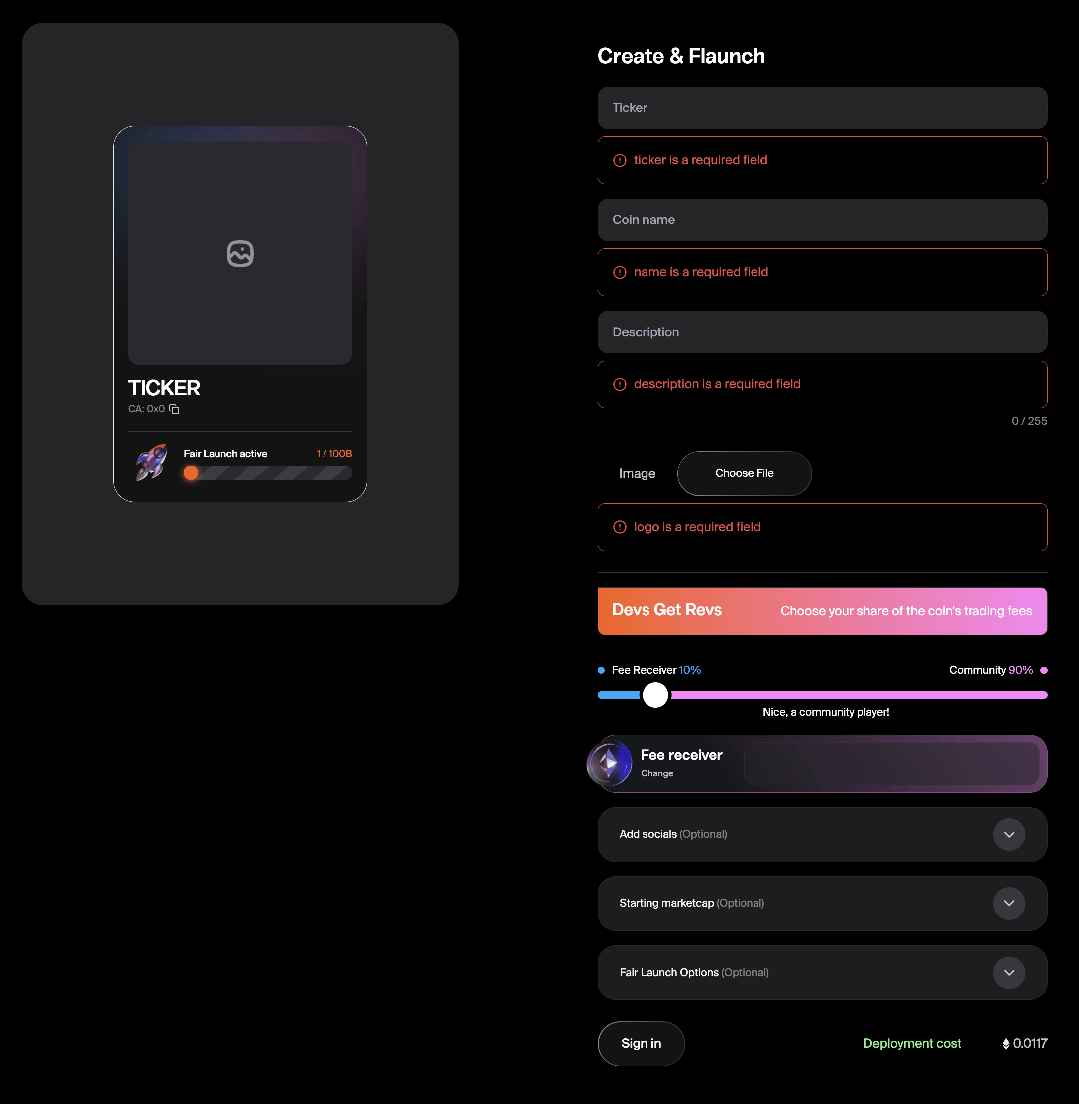 Launching a token on Flaunch. Creators can choose the amount of fees they receive and the launch price stays fixed for the first 30 minutes (Source: Flaunch)