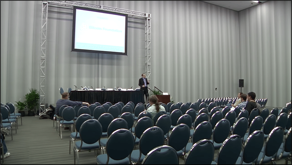 May 2013: Antonopoulos speaking to a sparse audience at the San Jose Bitcoin Conference