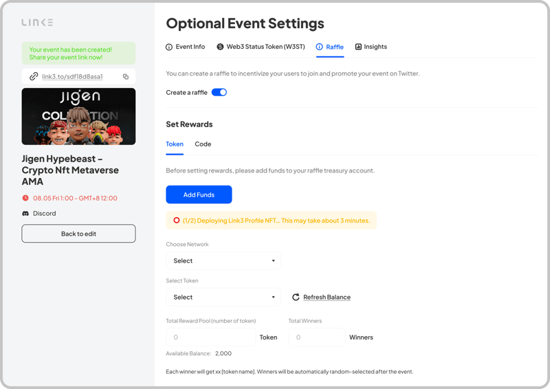 Organizations have the option to set up raffle prizes and requirements