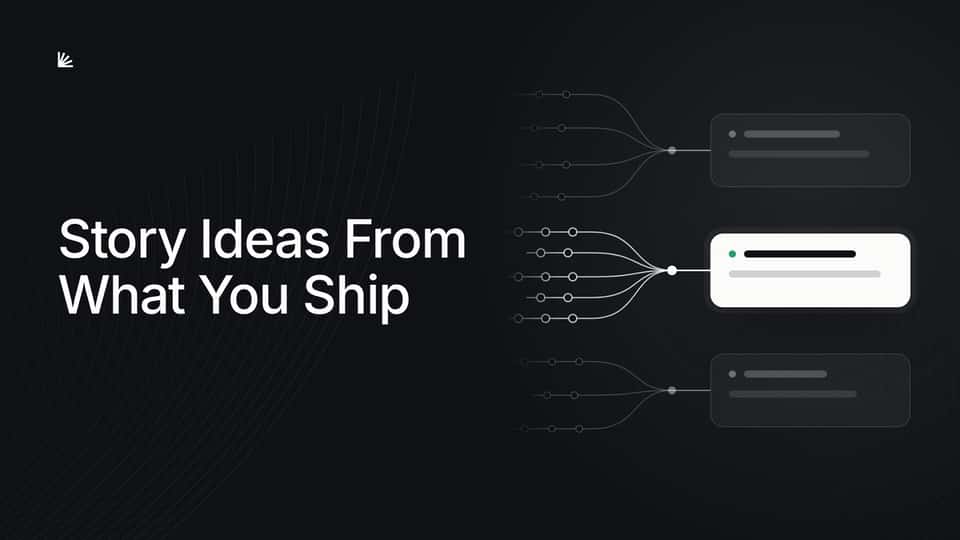 Dark cover with the white Paragraph logomark at top left, the headline "Story Ideas From What You Ship," and commit lanes merging into three idea cards, the middle one highlighted in white.